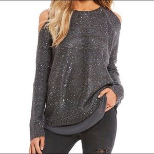 Jessica Simpson Abbey Sequin Cold Shoulder Sweater - Gray- Small
